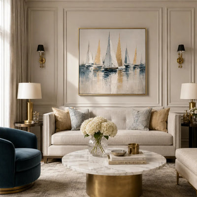 Golden Sails Ocean Wall Art styled in a modern living room | Olyrel