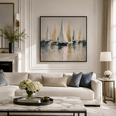 Golden Sails Ocean Wall Art displayed above a sofa in a neutral interior | Olyrel