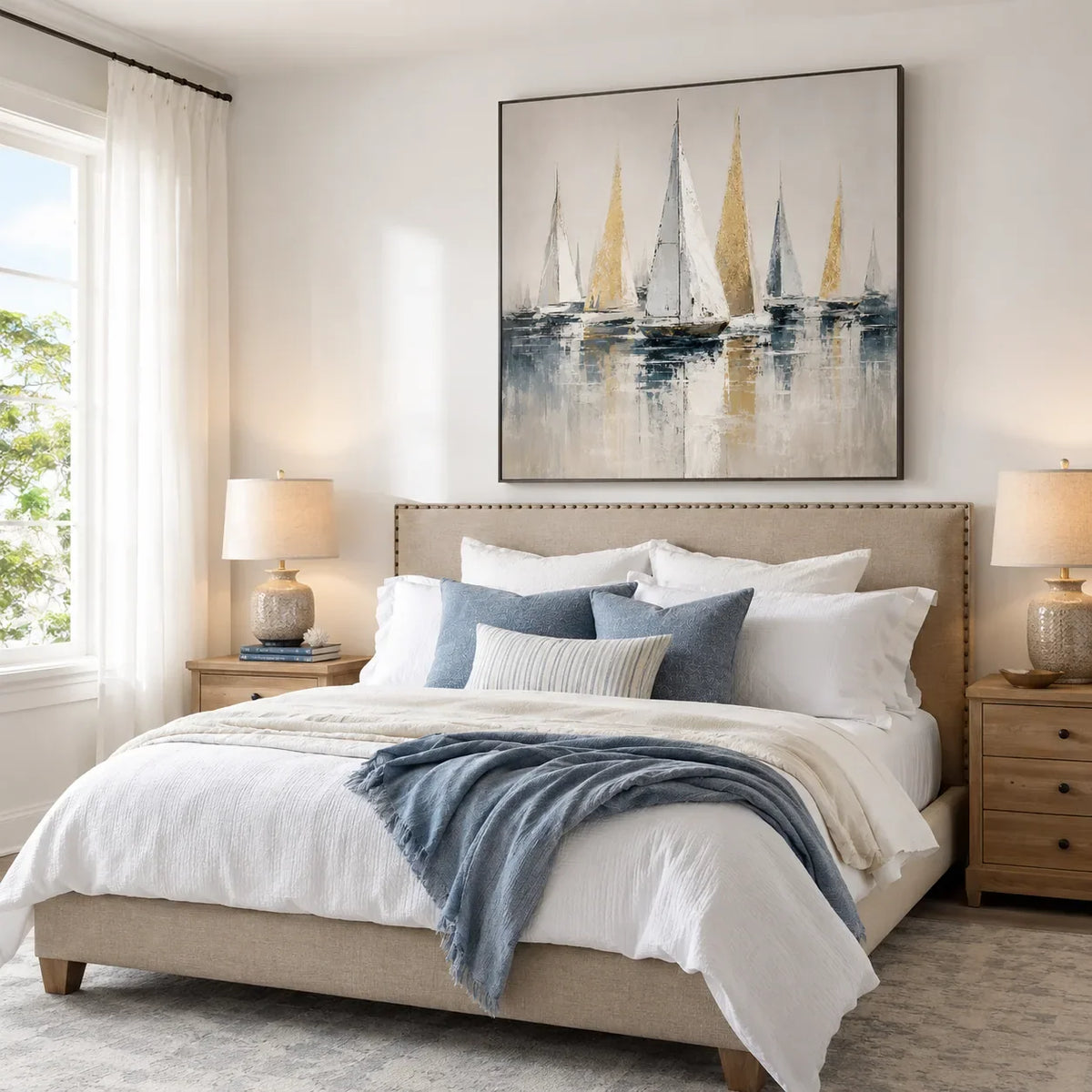 Golden Sails Ocean Wall Art shown in bedroom and office interiors | Olyrel