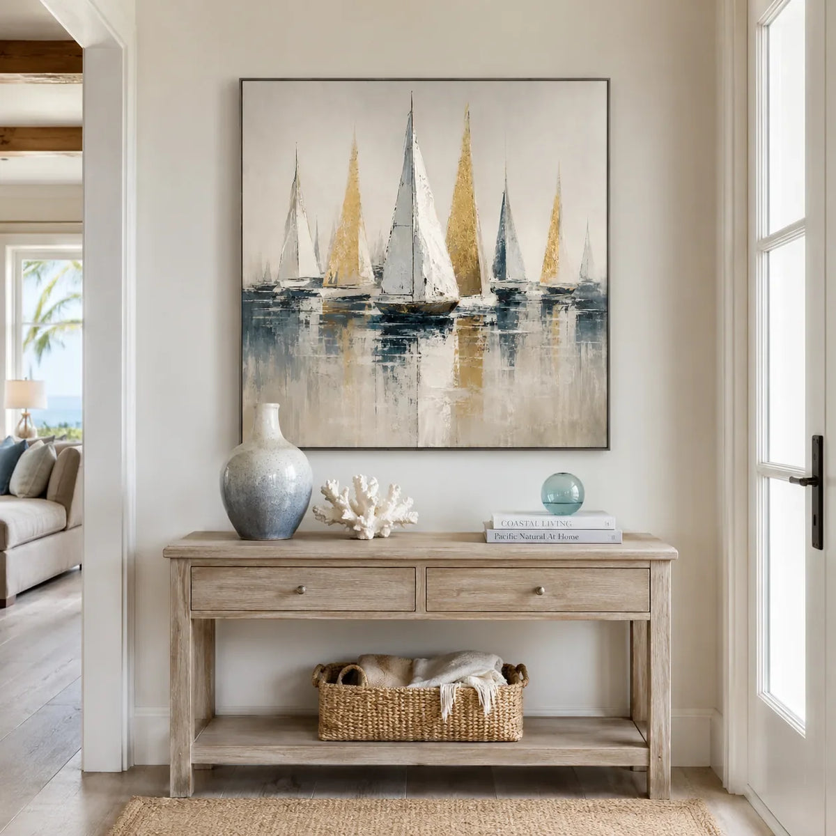 Golden Sails Ocean Wall Art displayed in a bright dining room | Olyrel
