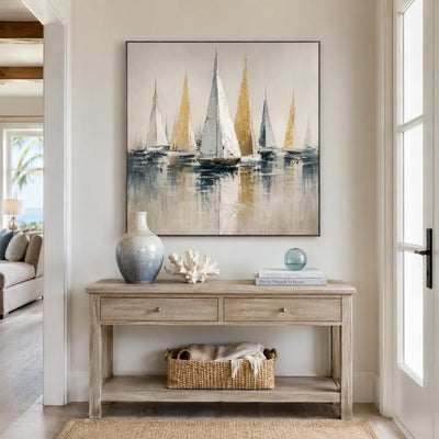 Golden Sails Ocean Wall Art displayed in a bright dining room | Olyrel