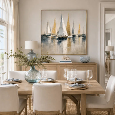Golden Sails Ocean Wall Art shown in a quiet home office | Olyrel
