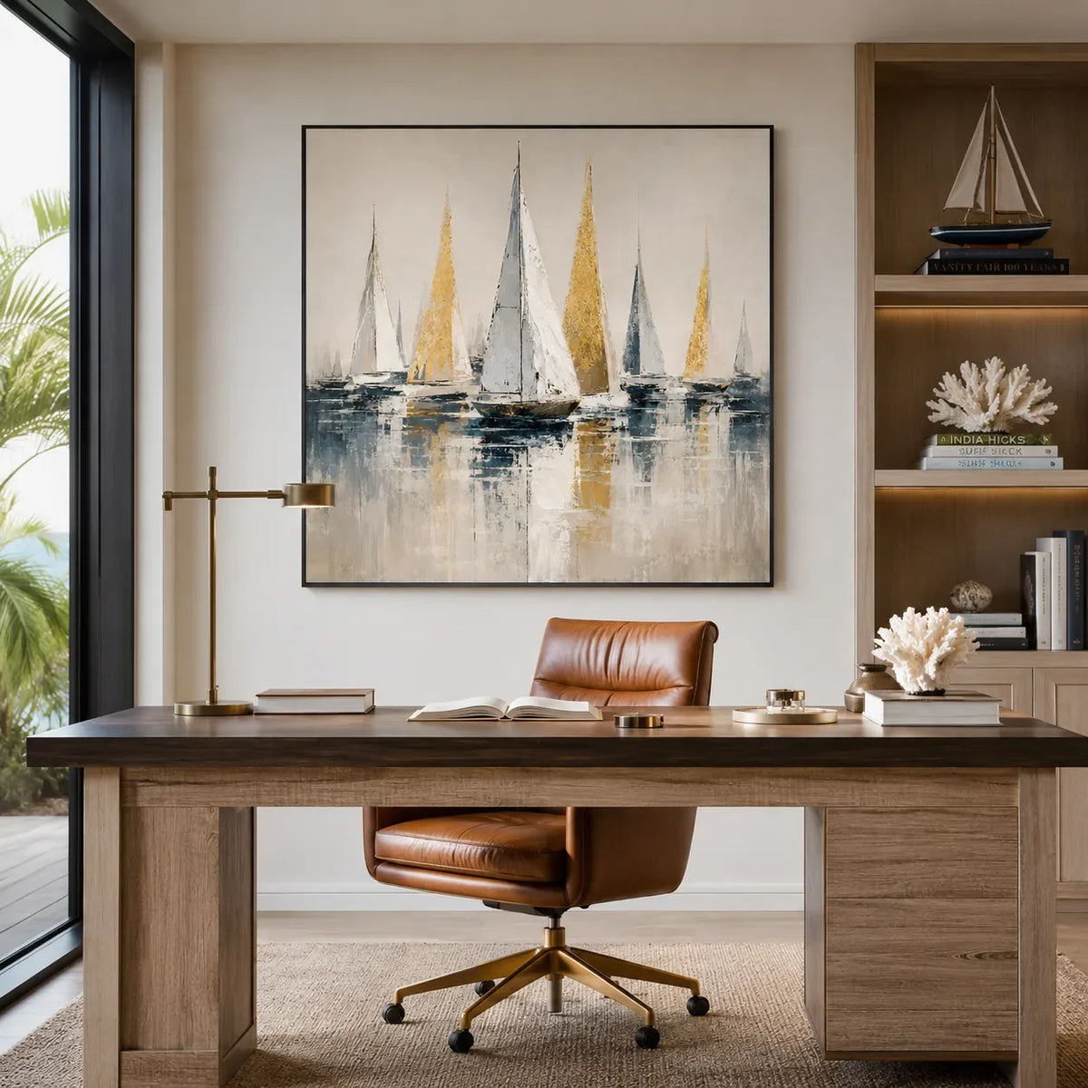 Golden Sails Ocean Wall Art styled with minimal interior decor | Olyrel