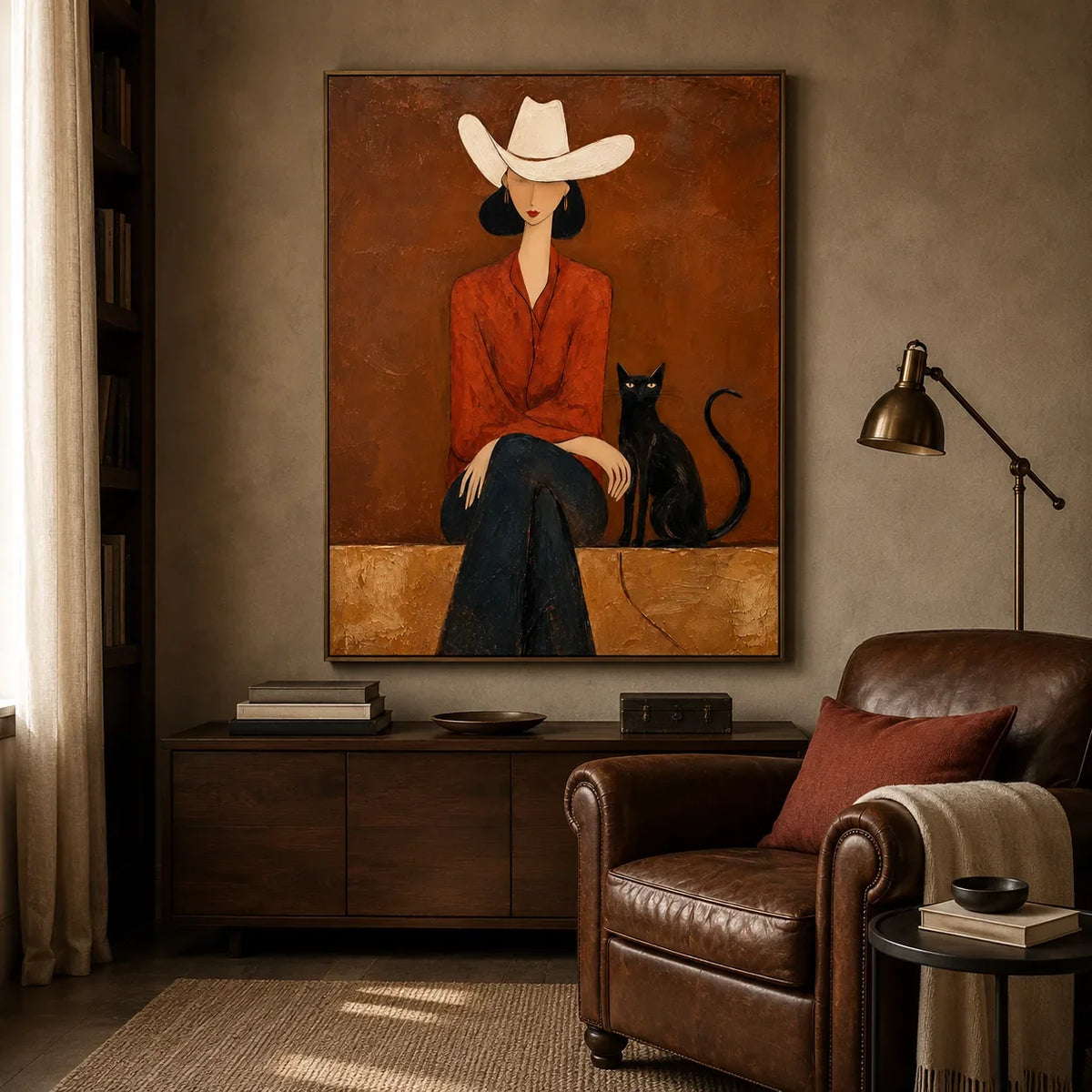 Desert Muse Figure Wall Art displayed in a warm reading corner | Olyrel