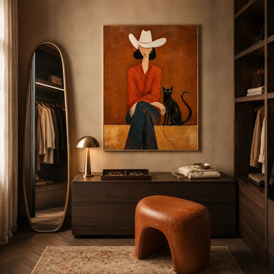 Desert Muse Figure Wall Art styled in a warm bedroom dressing area | Olyrel