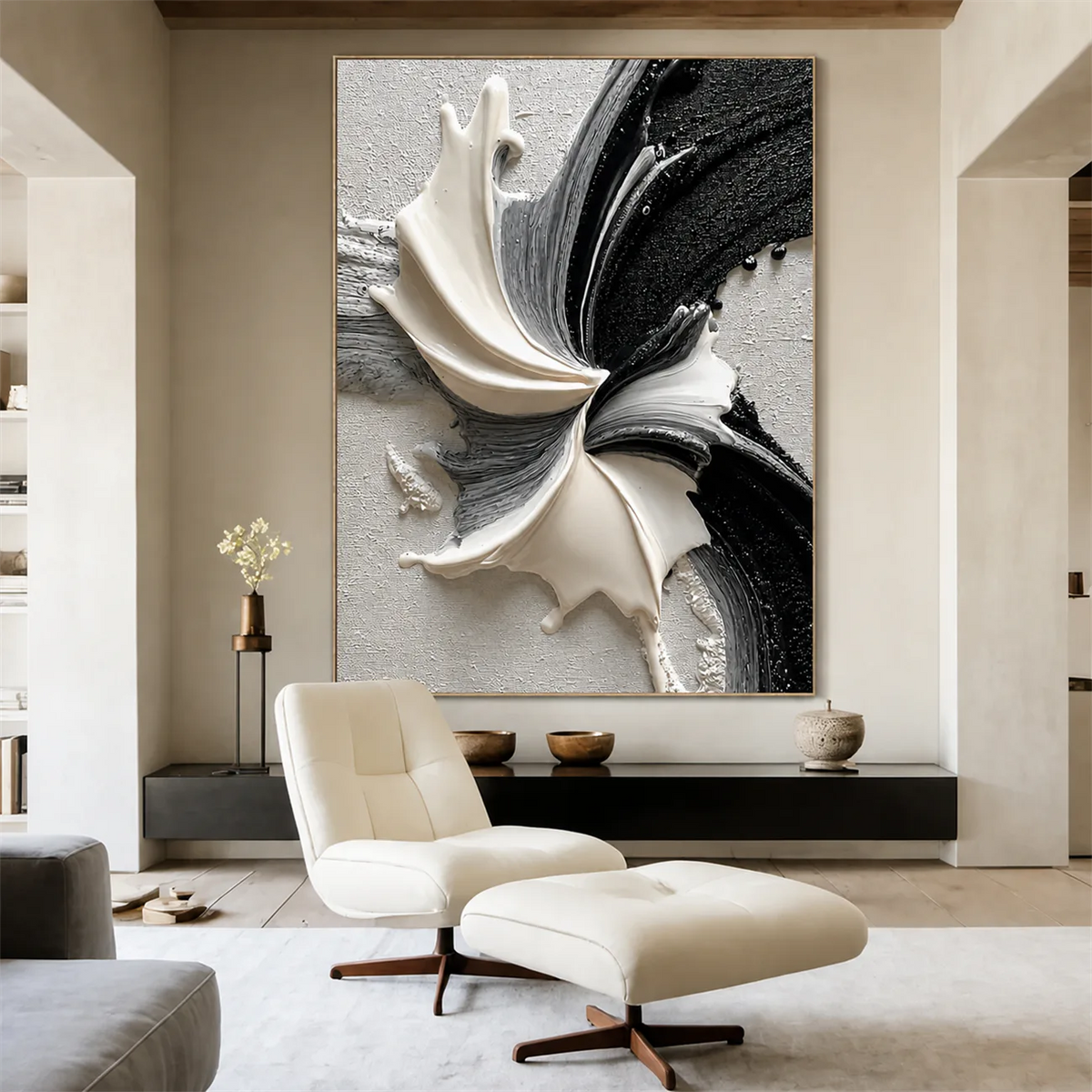 Monochrome Petal Flow Textured Wall Art styled interior scene 2 | Olyrel