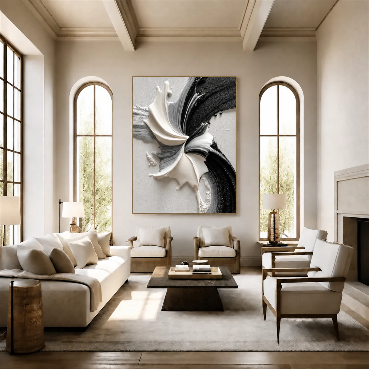 Monochrome Petal Flow Textured Wall Art styled interior scene 4 | Olyrel