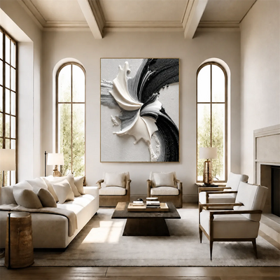 Monochrome Petal Flow Textured Wall Art styled interior scene 4 | Olyrel