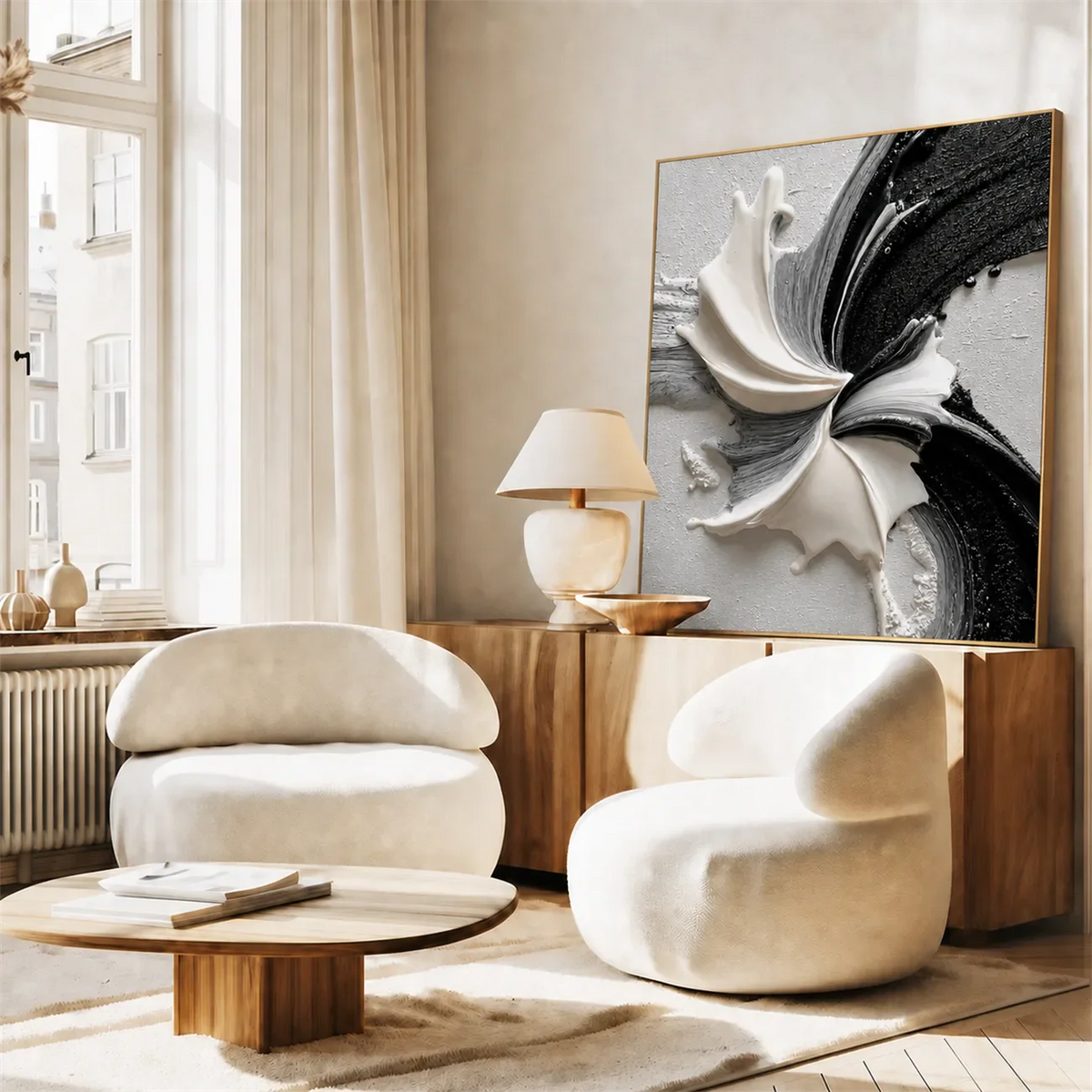 Monochrome Petal Flow Textured Wall Art styled interior scene 5 | Olyrel