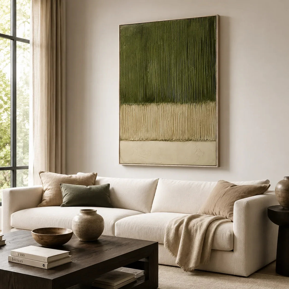 Olive Lines Textured Wall Art styled in a modern living room | Olyrel