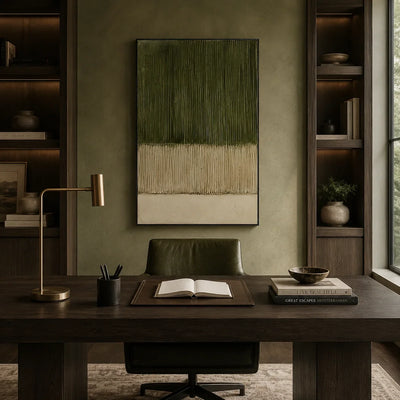 Olive Lines Textured Wall Art shown in a quiet home office | Olyrel