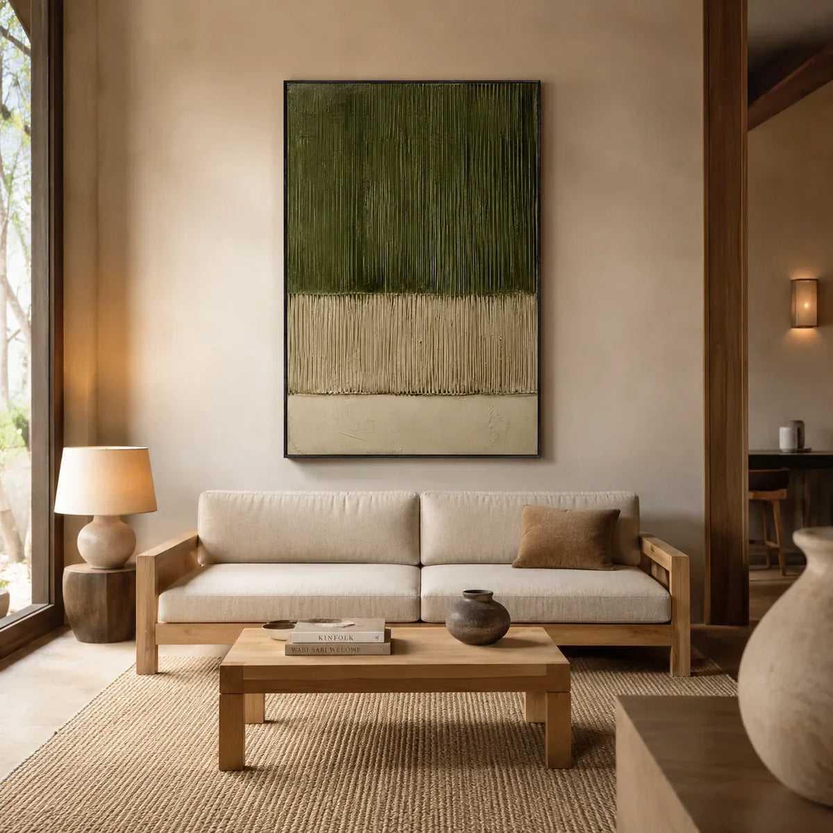 Olive Lines Textured Wall Art shown in a quiet home office | Olyrel