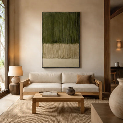 Olive Lines Textured Wall Art shown in a quiet home office | Olyrel