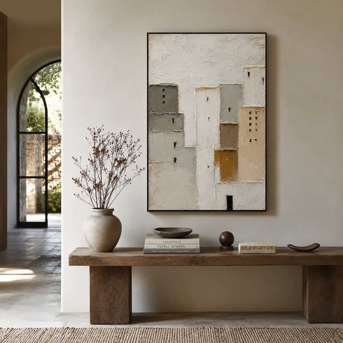 Quiet Facade Textured Wall Art styled in a modern living room | Olyrel