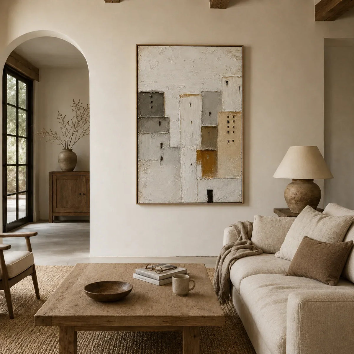 Quiet Facade Textured Wall Art displayed above a sofa in a neutral interior | Olyrel
