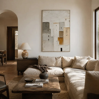 Quiet Facade Textured Wall Art shown in a calm bedroom setting | Olyrel