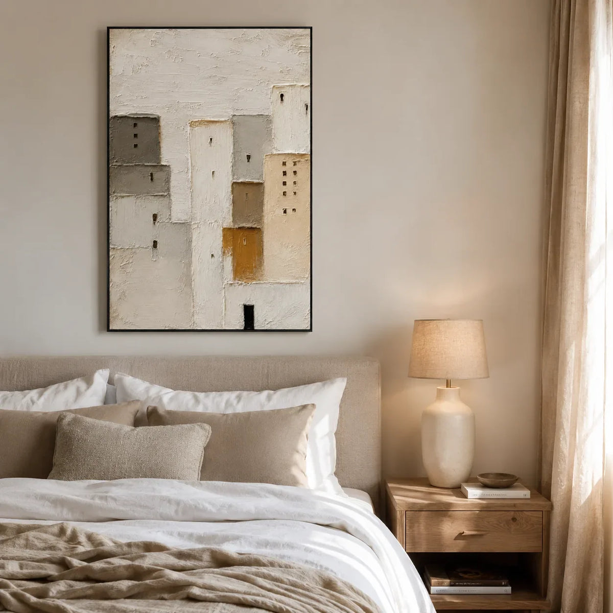 Quiet Facade Textured Wall Art styled in a contemporary entryway | Olyrel