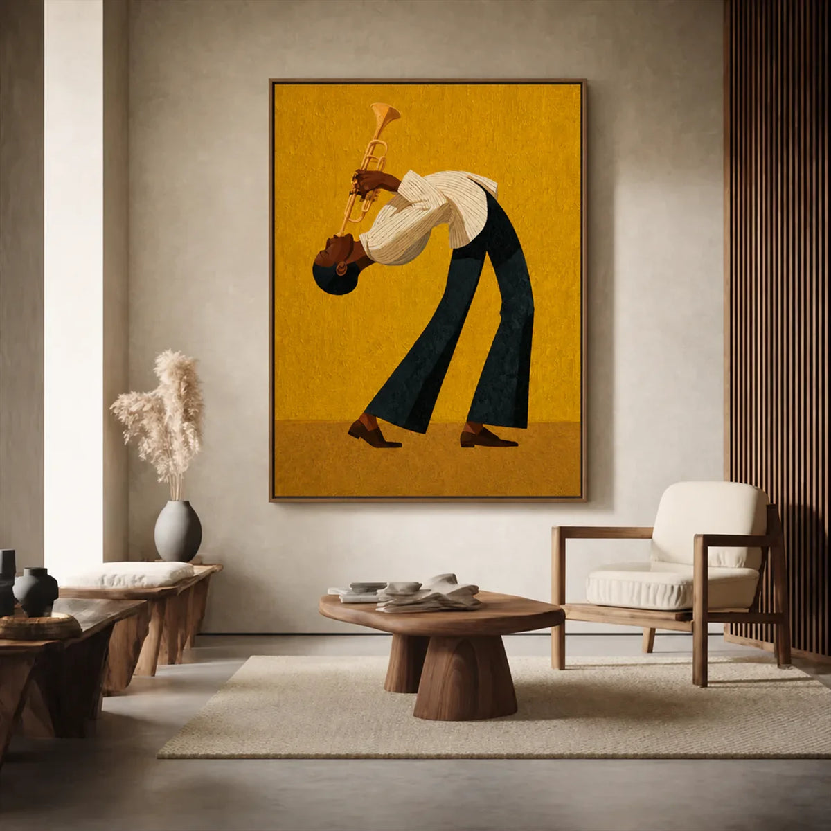 Golden Jazz Trumpeter Wall Art styled interior scene 1 | Olyrel