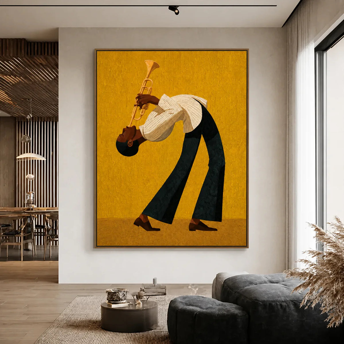 Golden Jazz Trumpeter Wall Art styled interior scene 2 | Olyrel