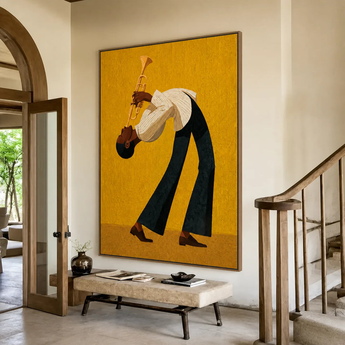 Golden Jazz Trumpeter Wall Art styled interior scene 3 | Olyrel