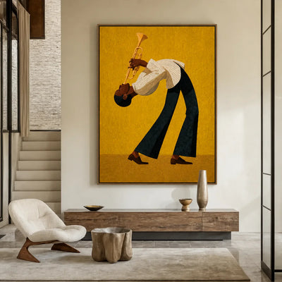 Golden Jazz Trumpeter Wall Art styled interior scene 5 | Olyrel