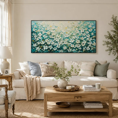 Turquoise Meadow Floral Wall Art styled in a modern living room | Olyrel