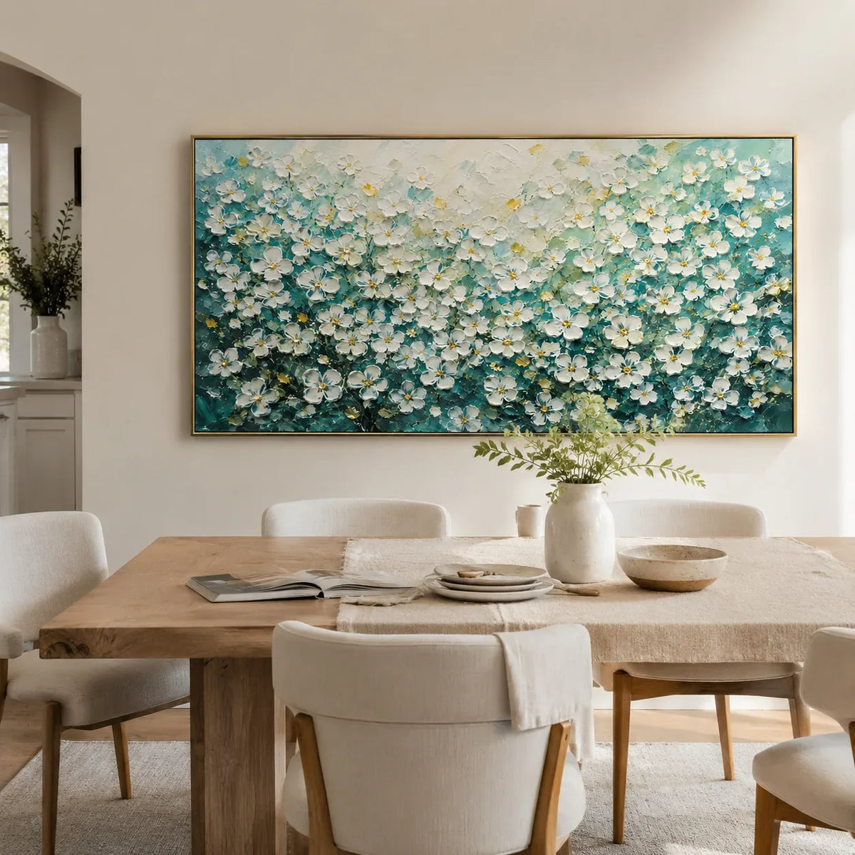 Turquoise Meadow Floral Wall Art displayed in a bright dining room | Olyrel