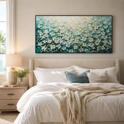 Turquoise Meadow Floral Wall Art shown in a calm bedroom setting | Olyrel