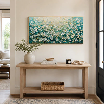 Turquoise Meadow Floral Wall Art styled in a contemporary entryway | Olyrel