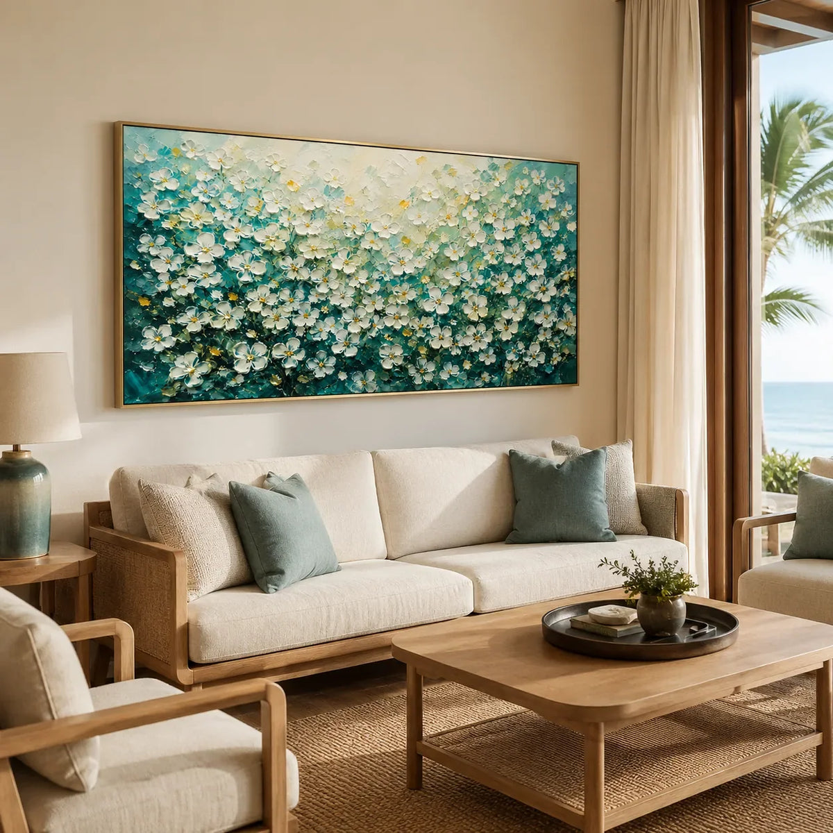 Turquoise Meadow Floral Wall Art displayed in a bright dining room | Olyrel