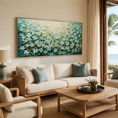 Turquoise Meadow Floral Wall Art displayed in a bright dining room | Olyrel