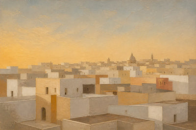 Sunlit Ivory Rooftops Wall Art artwork view | Olyrel