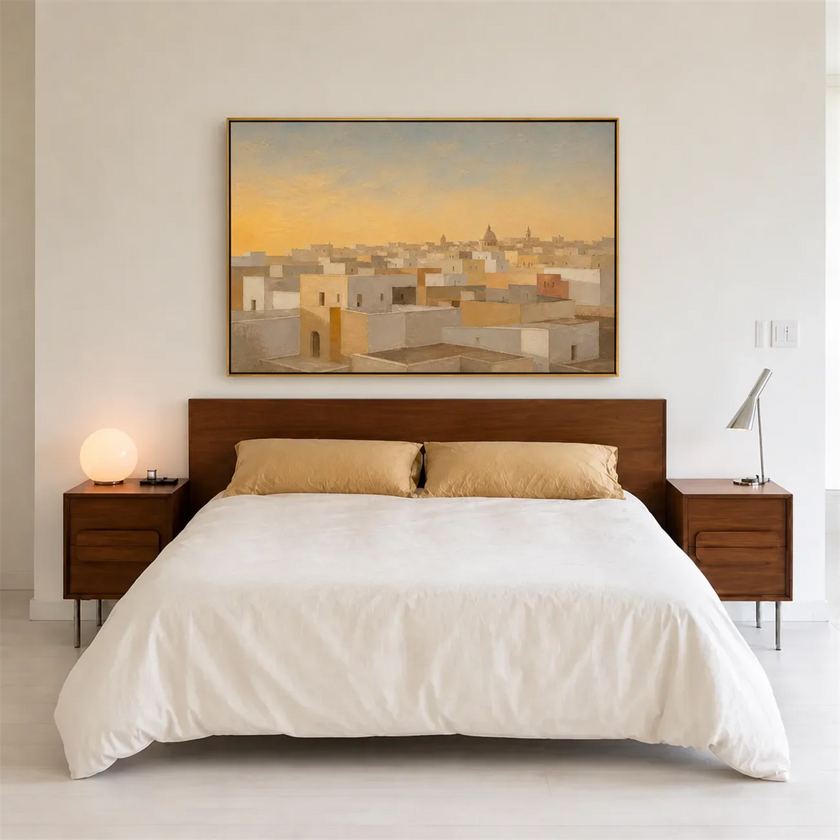 Sunlit Ivory Rooftops Wall Art styled interior scene 4 | Olyrel