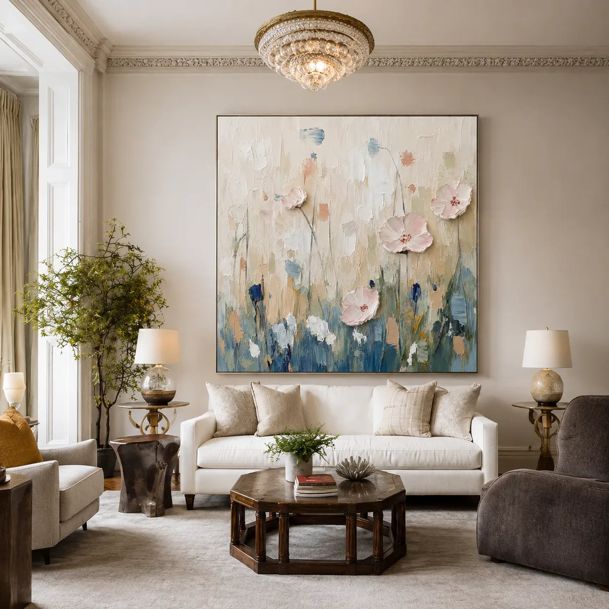 Blush Meadow Textured Floral Wall Art styled interior scene 1 | Olyrel