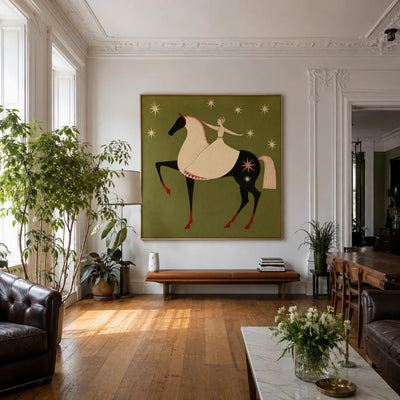 Celestial Rider Folk Horse Wall Art styled interior scene 2 | Olyrel