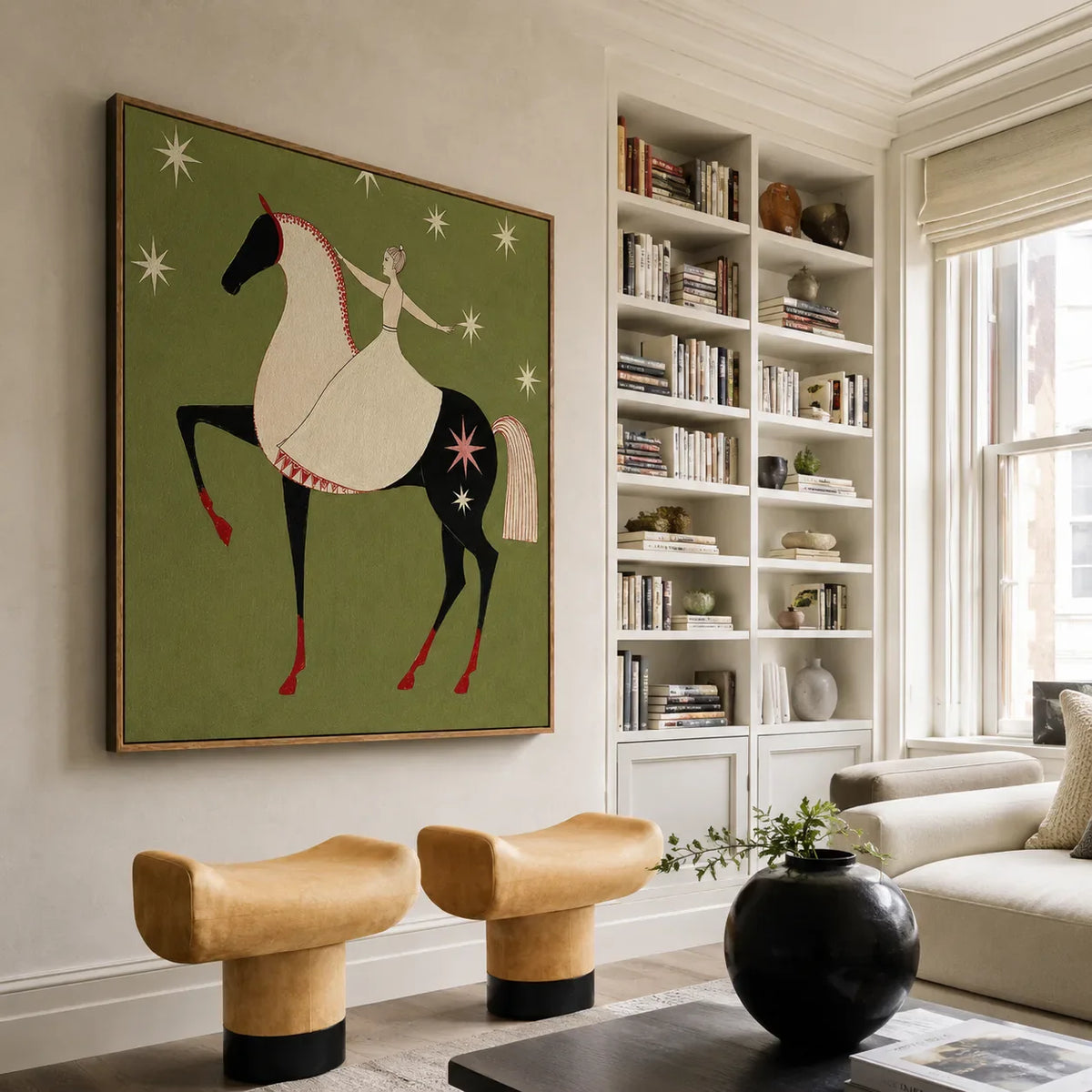 Celestial Rider Folk Horse Wall Art styled interior scene 3 | Olyrel