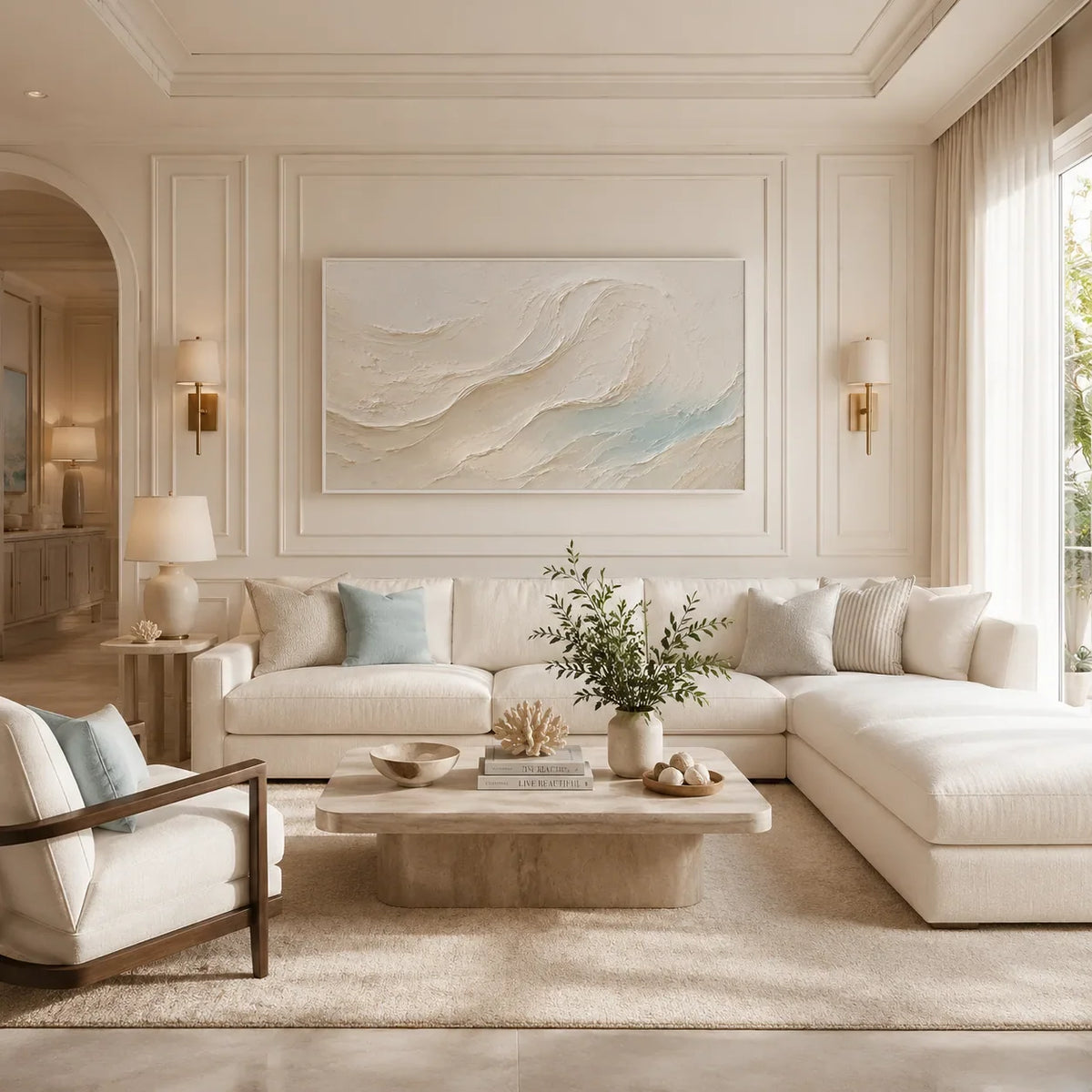 Seafoam Flow Textured Wall Art styled in a modern living room | Olyrel