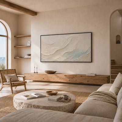 Seafoam Flow Textured Wall Art styled with minimal interior decor | Olyrel