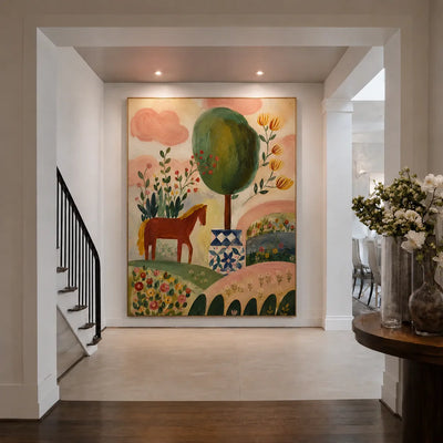 Enchanted Horse Garden Folk Wall Art styled interior scene 1 | Olyrel