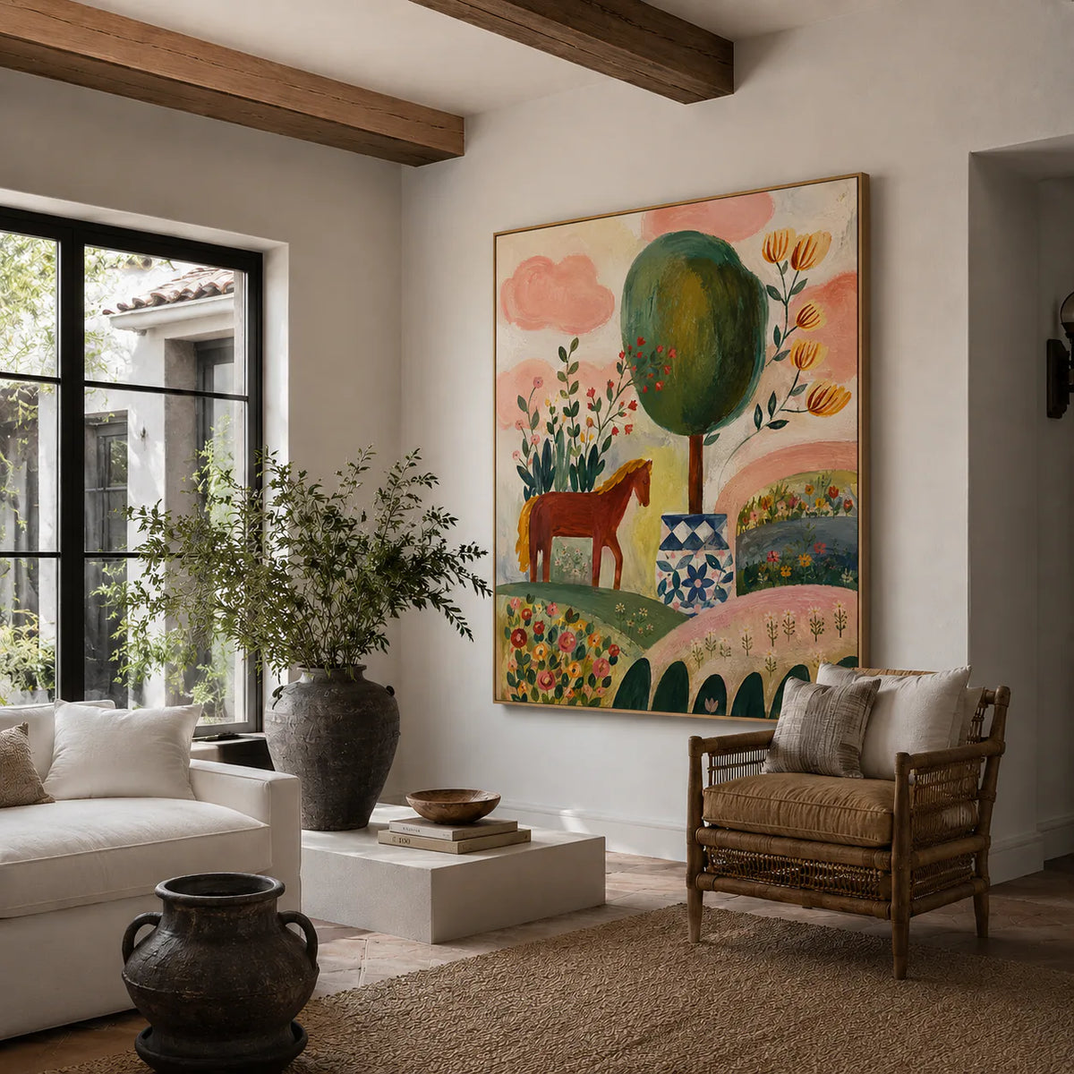Enchanted Horse Garden Folk Wall Art styled interior scene 3 | Olyrel