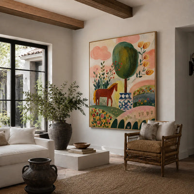 Enchanted Horse Garden Folk Wall Art styled interior scene 3 | Olyrel