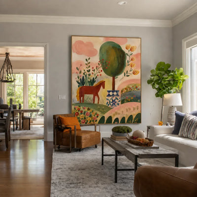Enchanted Horse Garden Folk Wall Art styled interior scene 4 | Olyrel