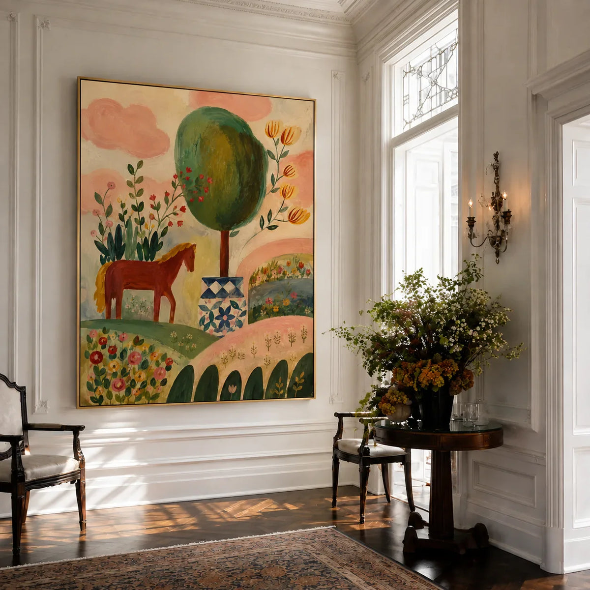 Enchanted Horse Garden Folk Wall Art styled interior scene 5 | Olyrel