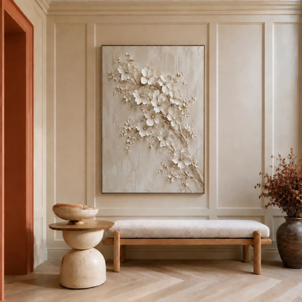 Ivory Blossom Branch Relief Wall Art styled interior scene 2 | Olyrel
