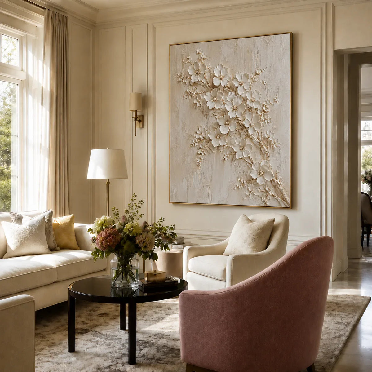 Ivory Blossom Branch Relief Wall Art styled interior scene 3 | Olyrel