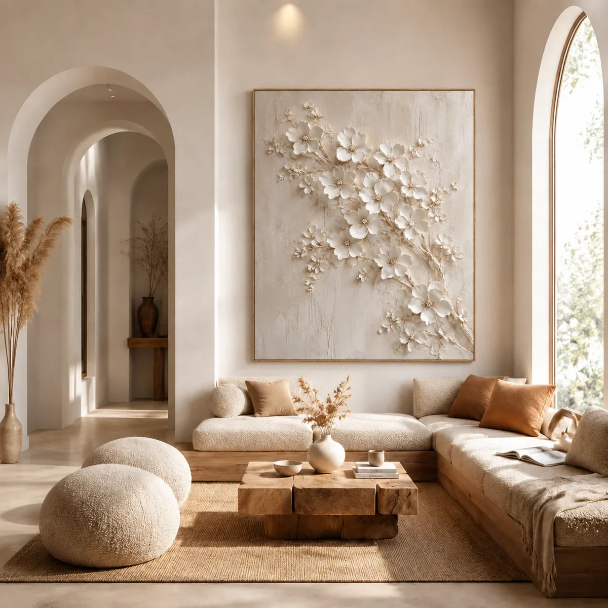 Ivory Blossom Branch Relief Wall Art styled interior scene 5 | Olyrel