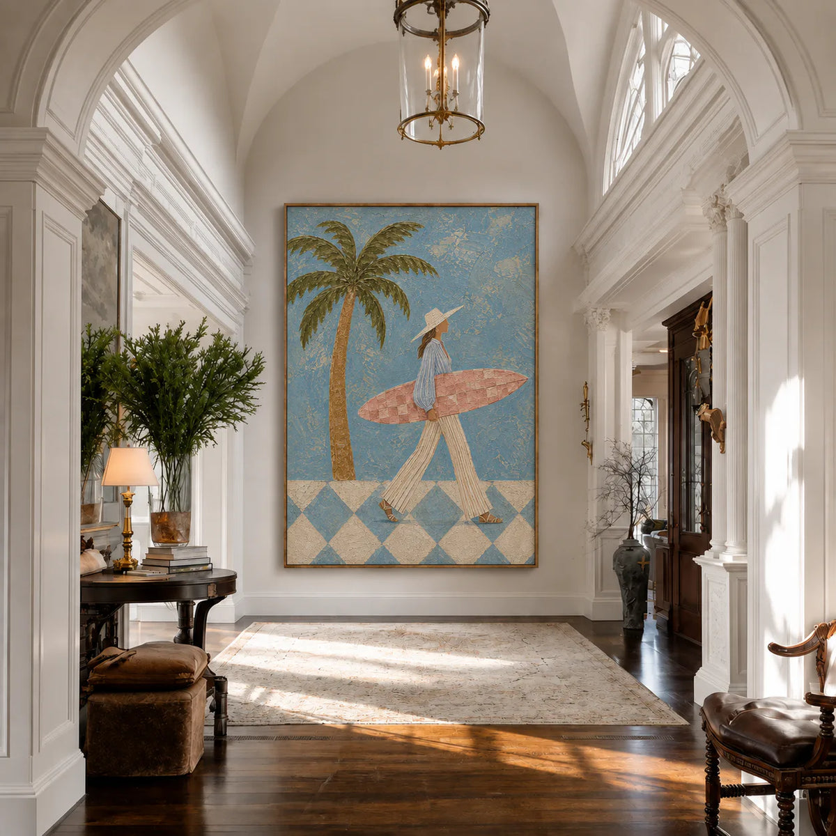Blue Palm Surf Stroll Textured Wall Art styled interior scene 2 | Olyrel