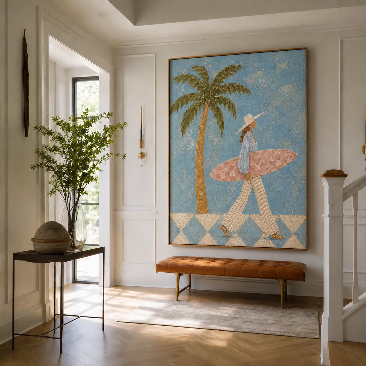 Blue Palm Surf Stroll Textured Wall Art styled interior scene 3 | Olyrel