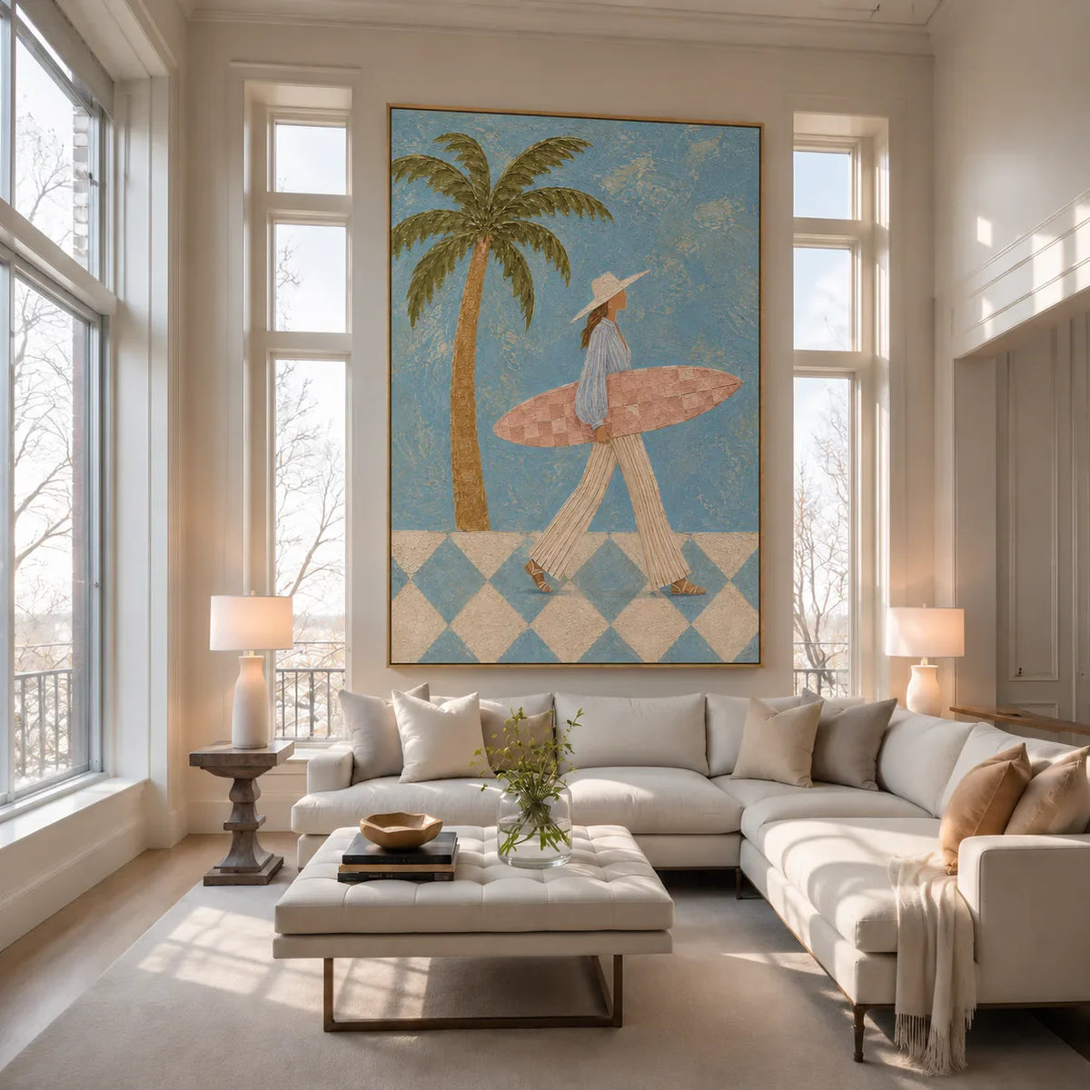 Blue Palm Surf Stroll Textured Wall Art styled interior scene 5 | Olyrel