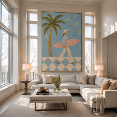Blue Palm Surf Stroll Textured Wall Art styled interior scene 5 | Olyrel